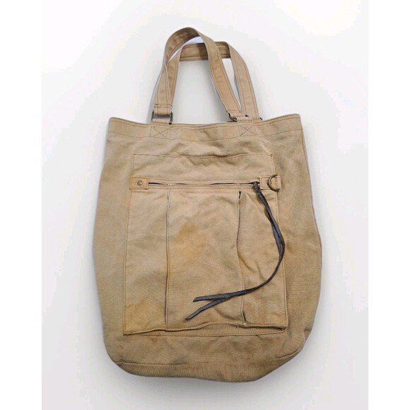H&M Canvas Tote Bag Shoulder Khaki Distressed Long Retro Vintage Sack - Picture 1 of 8